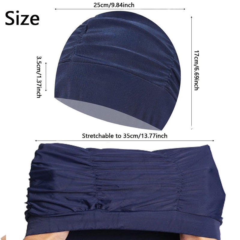 Ewandastore Ewanda store Colorful Pleated Nylon Cloth Swim Cap Large Swimming Cap Hot Spring Bathing Caps for Adult Men Women Long Hair(Navy Blue) - Image 3